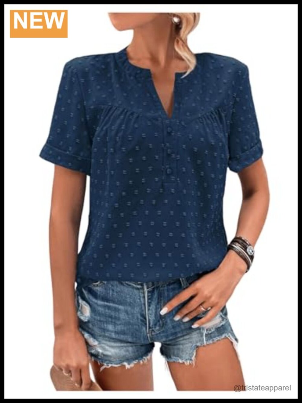 Women's Swiss Dot V Neck Boho Blouse Short Sleeve Beach Vacation Top